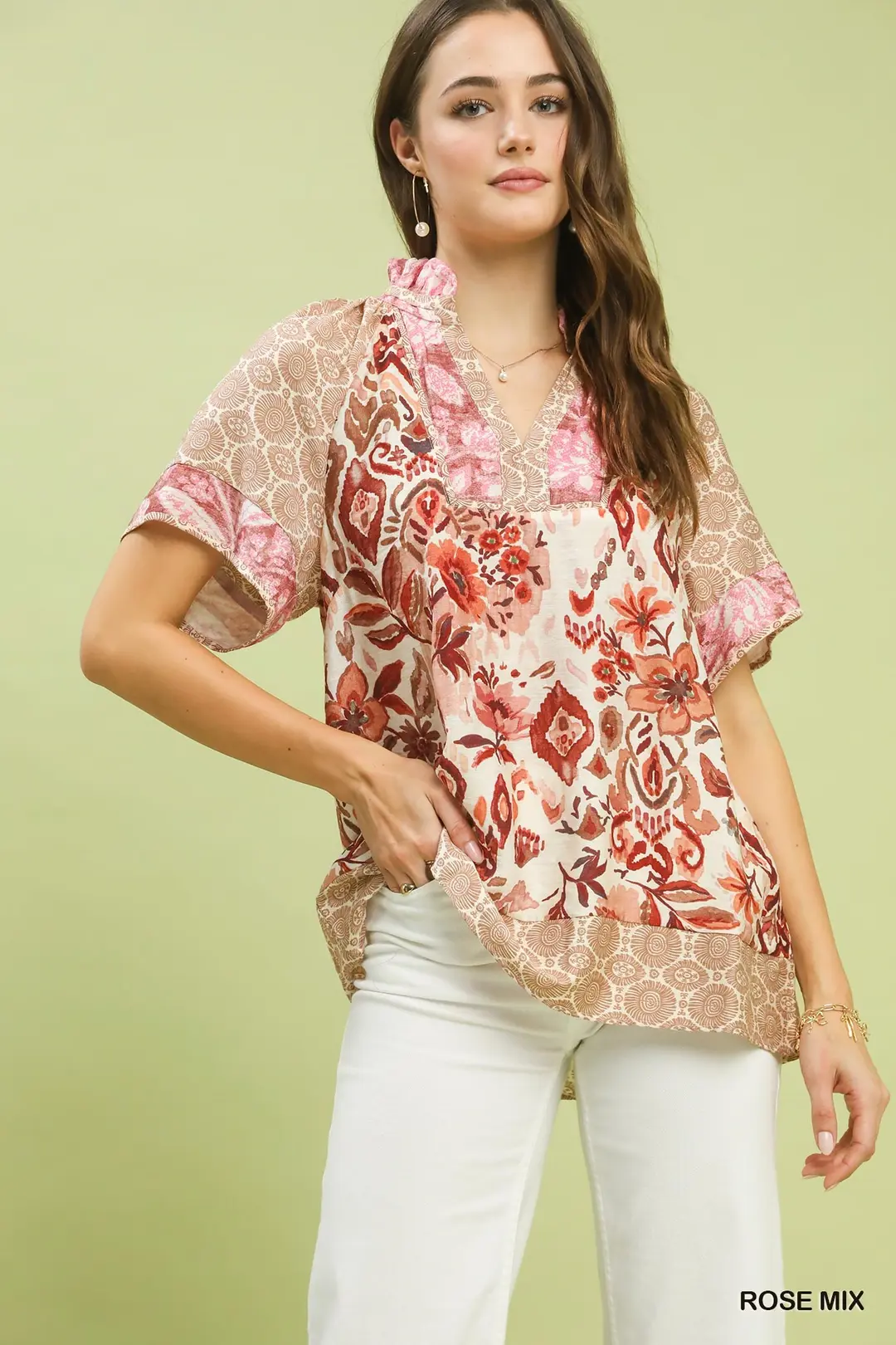 Mixed Print V-Neck Short Sleeve Top