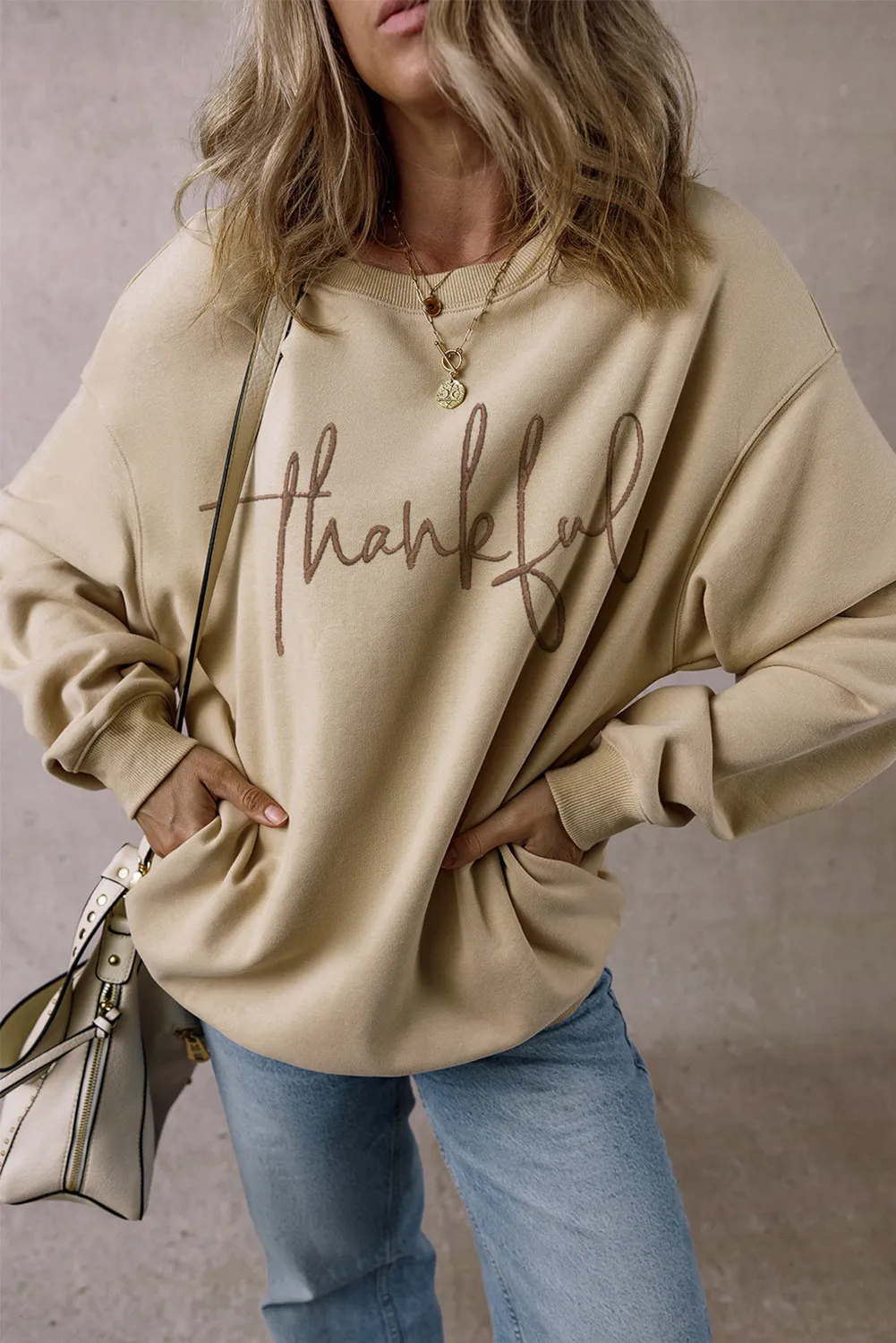 THANKFUL Round Neck Long Sleeve Sweatshirt, image 2