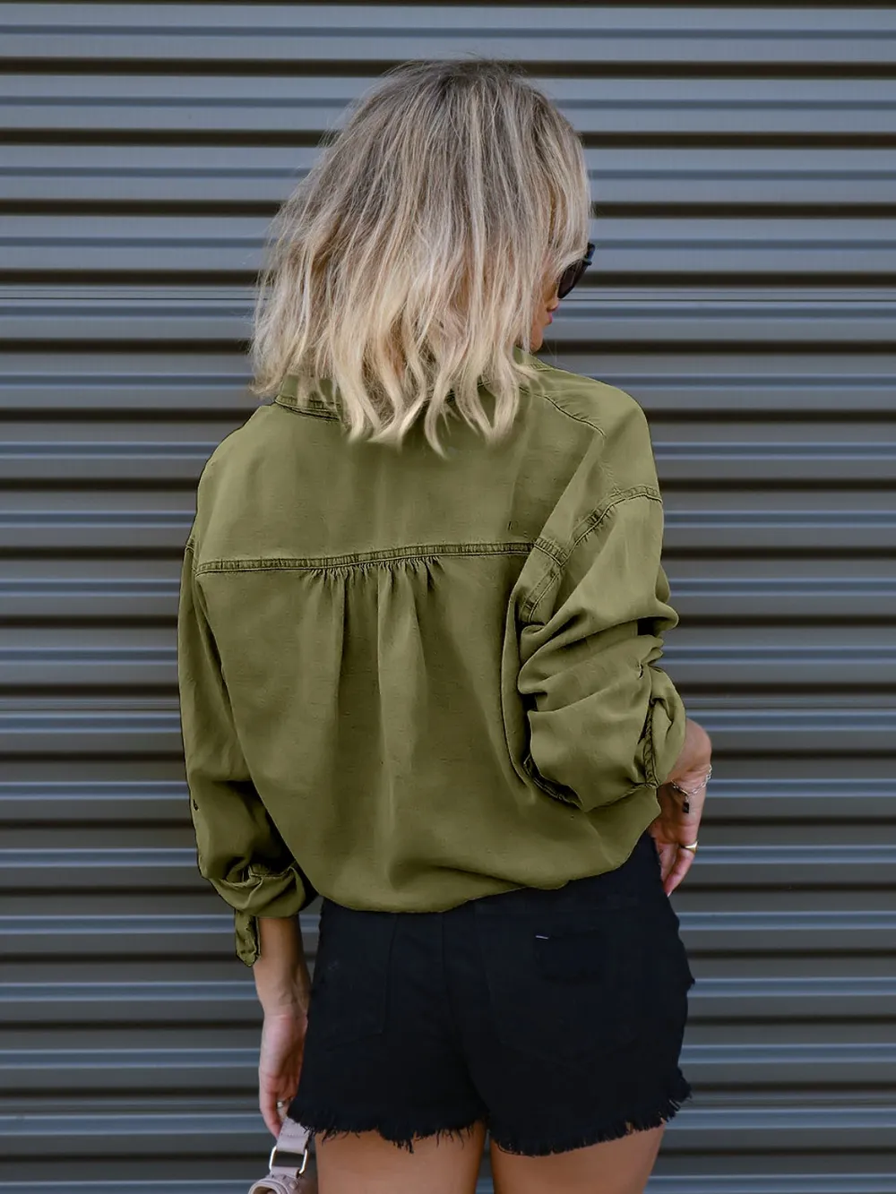 Drawstring Pocketed Button Up Denim Top, image 2
