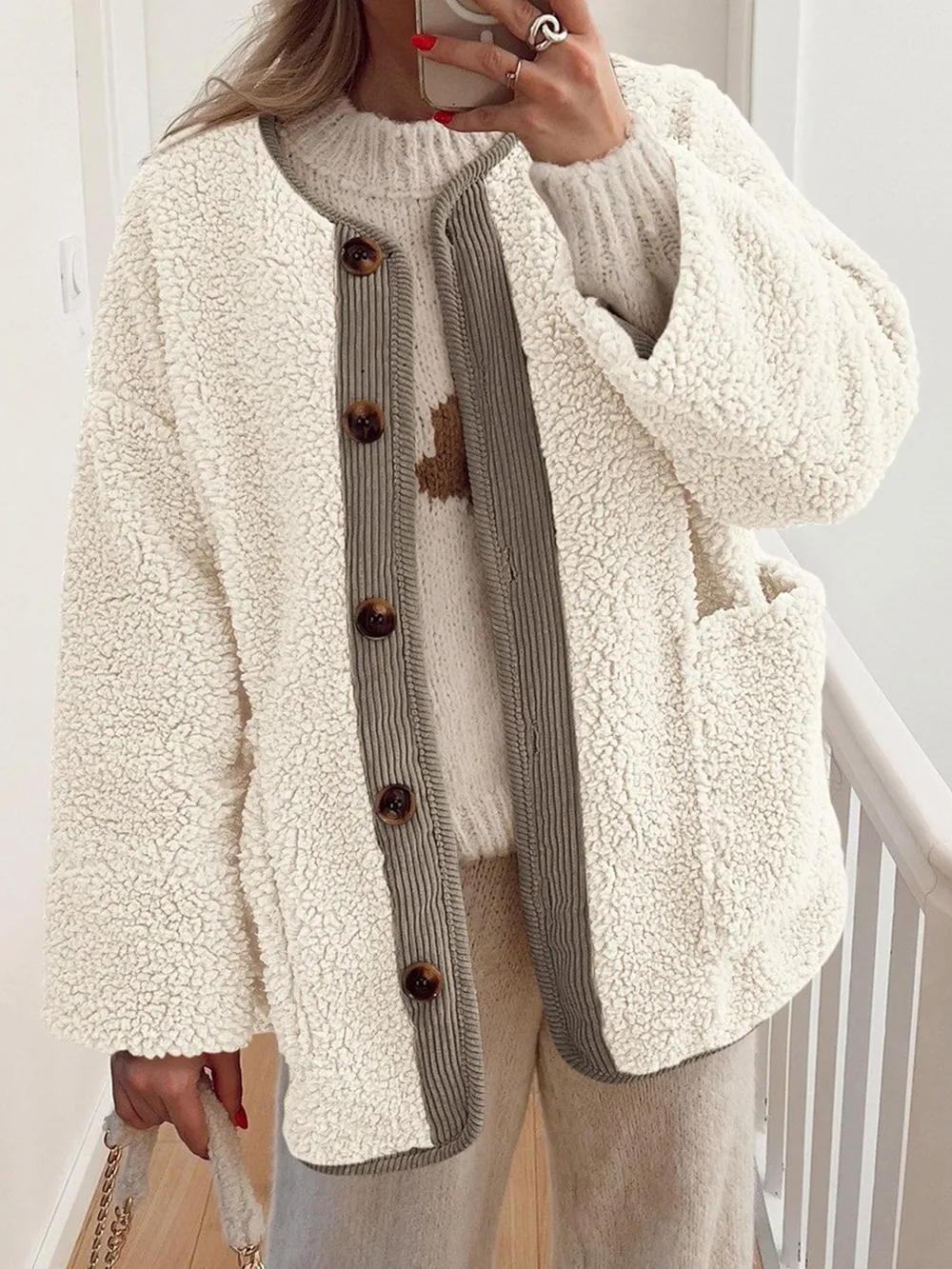 Contrast Button Up Sherpa Jacket with Pockets, image 2