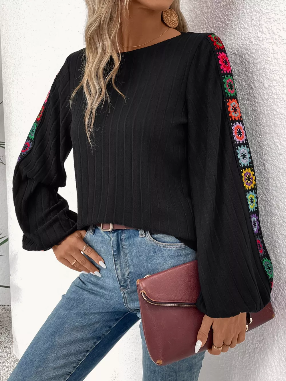 Round Neck Crochet Sleeve Detail Top