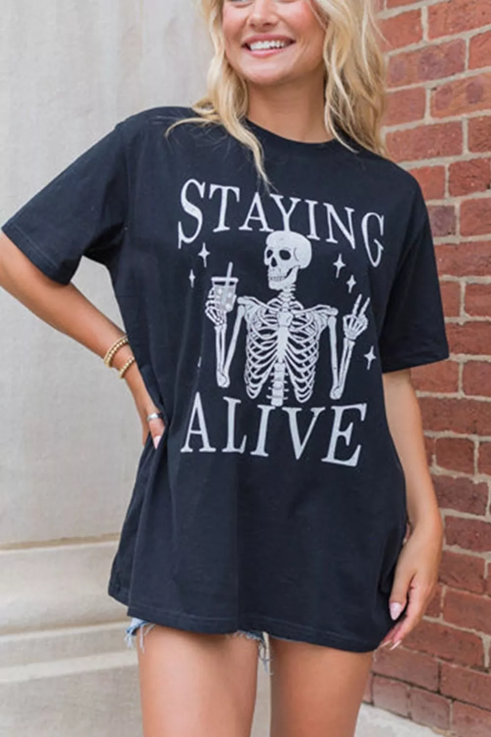 STAYING ALIVE Funny Skeleton Graphic Round Neck T Shirt, image 2