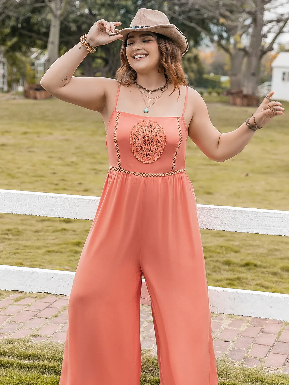 Plus Size Lace Detail Spaghetti Strap Wide Leg Jumpsuit, image 2