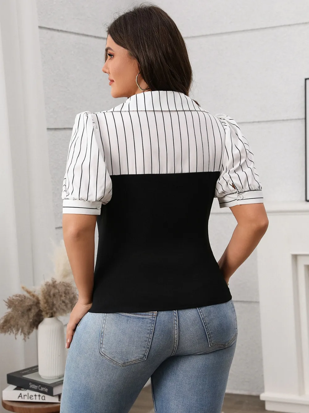 Plus Size Striped Johnny Collar Short Sleeve Blouse, image 3