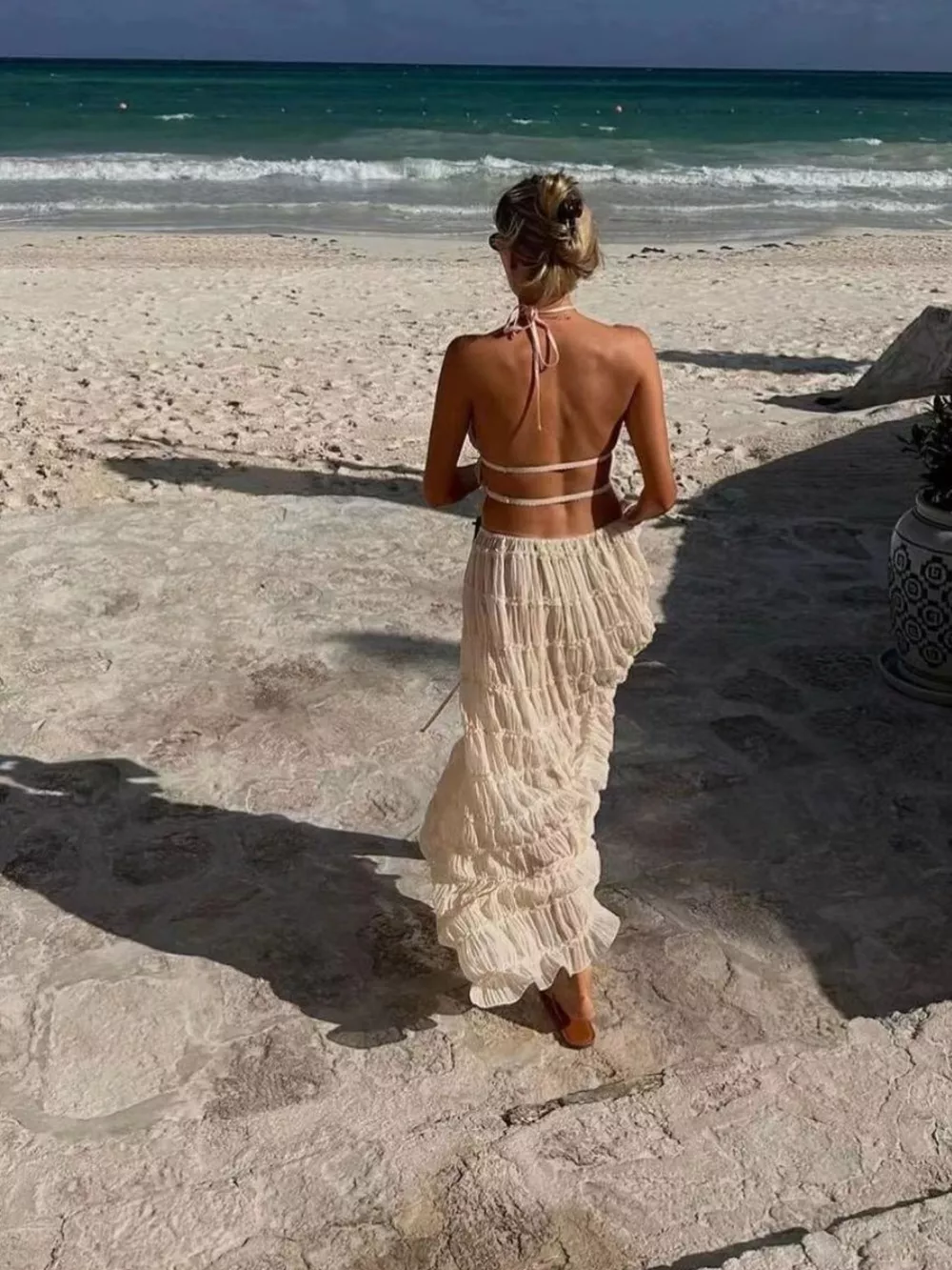 Boho Chic Ruffled Halter Crop Top and Maxi Skirt Set, image 3