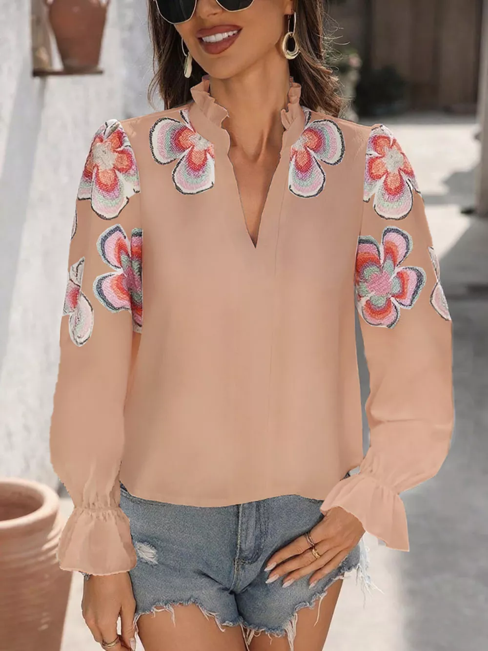 Floral Embroidered Notched Long Sleeve Blouse, image 3