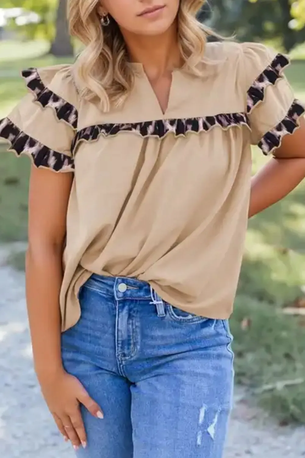Leopard Frill Short Sleeve Blouse, image 2