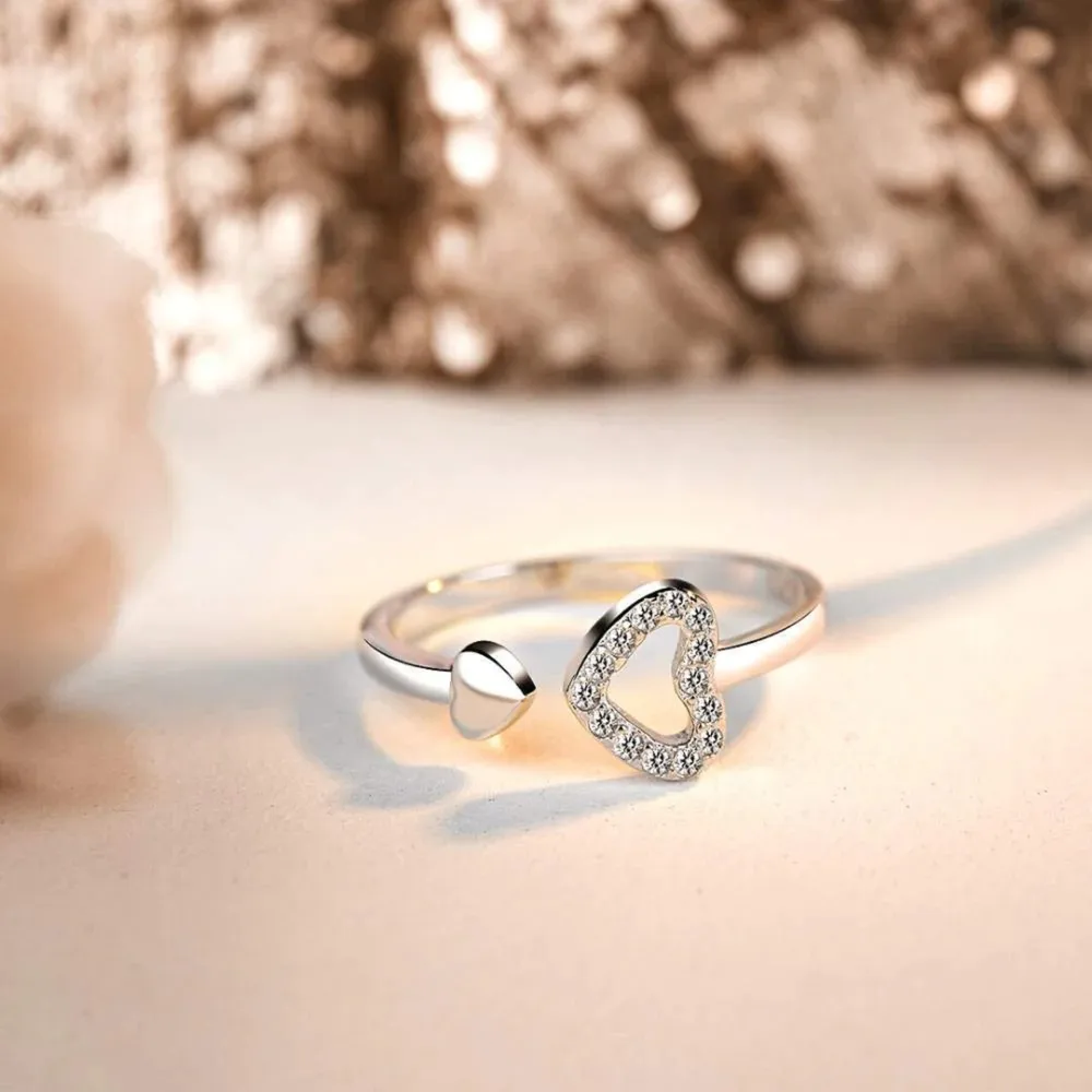 925 Sterling Silver Inlaid Zircon Heart Open Ring, image 2