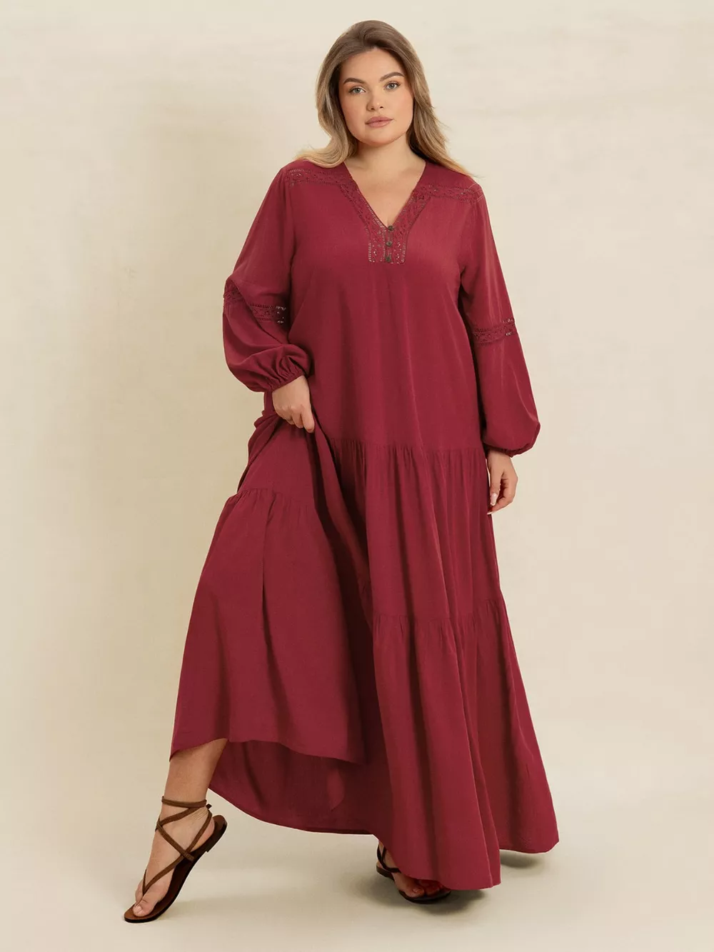 Plus Size Bohemian Tiered Maxi Dress with Balloon Sleeves, image 8