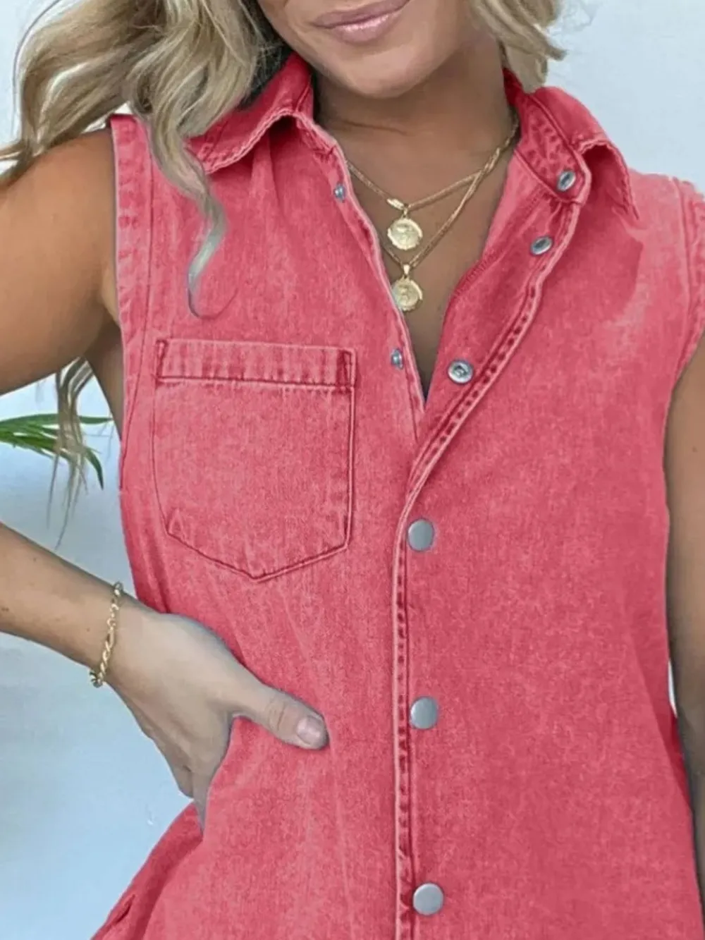 Button Front Sleeveless Denim Romper, image 12