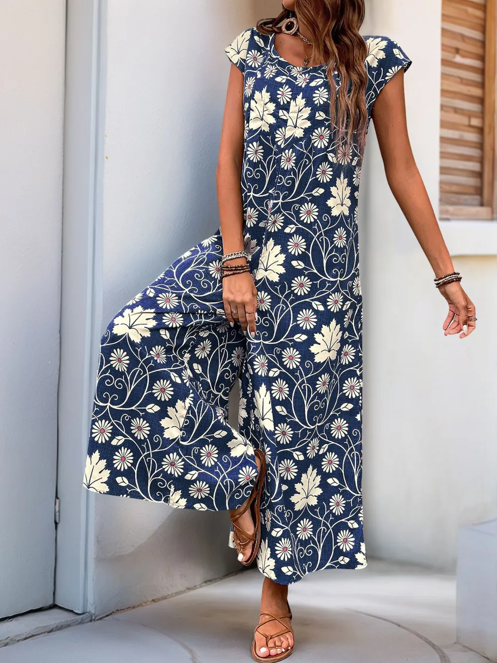 Printed Round Neck Cap Sleeve Wide Leg Jumpsuit, image 4