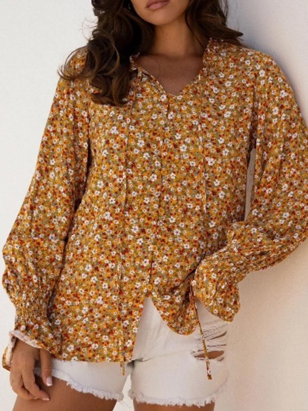 Floral Ruffled Bubble Sleeve Tie Neck Blouse, image 2