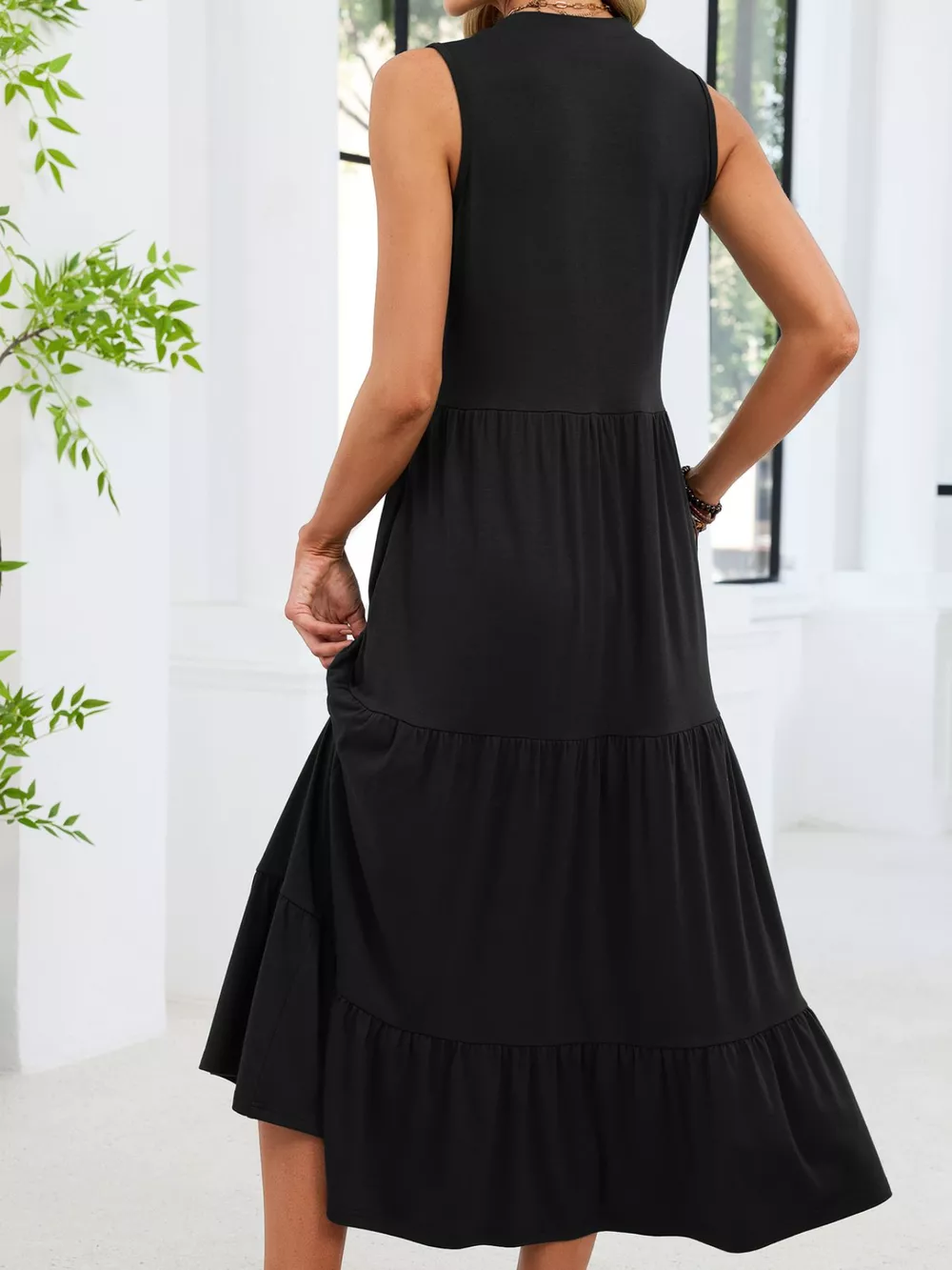 Sleeveless Notched Tiered Midi Dress, image 4