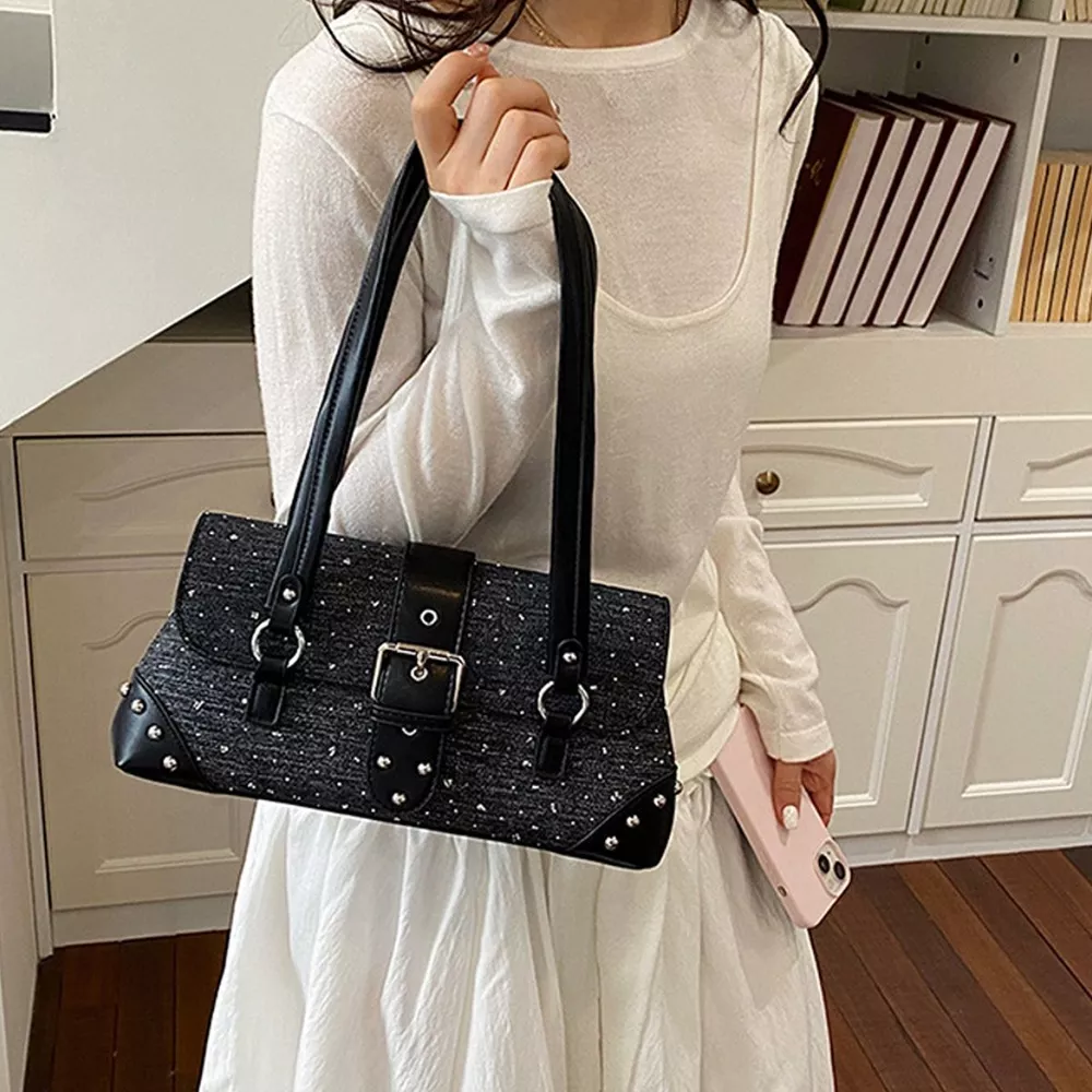 Studded Shoulder Bag with Buckle Detail, image 6