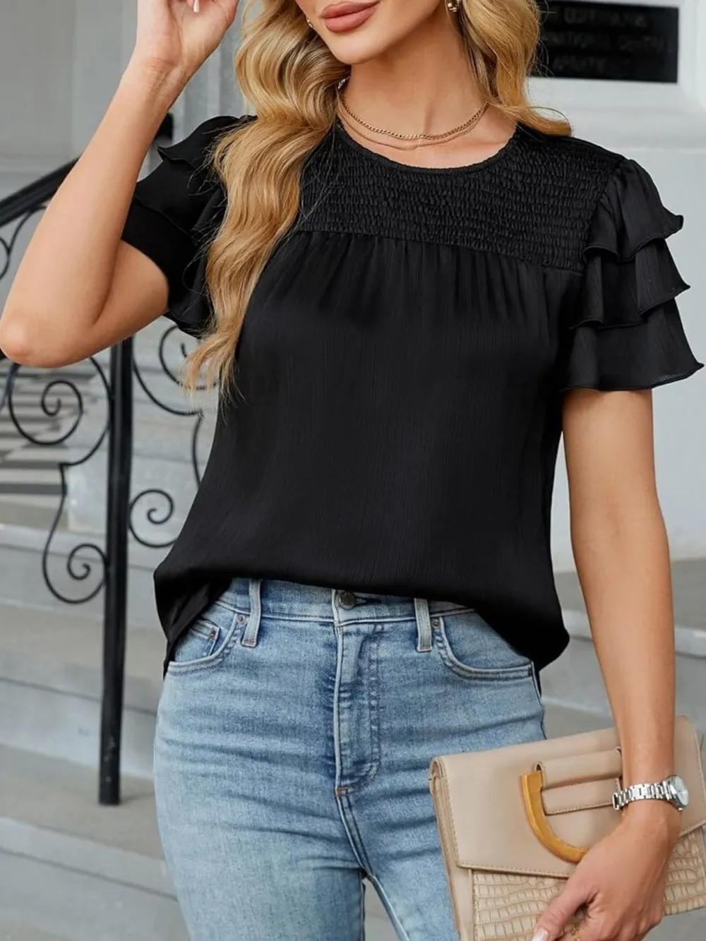 Smocked Round Neck Ruffled Layered Sleeve Blouse, image 19