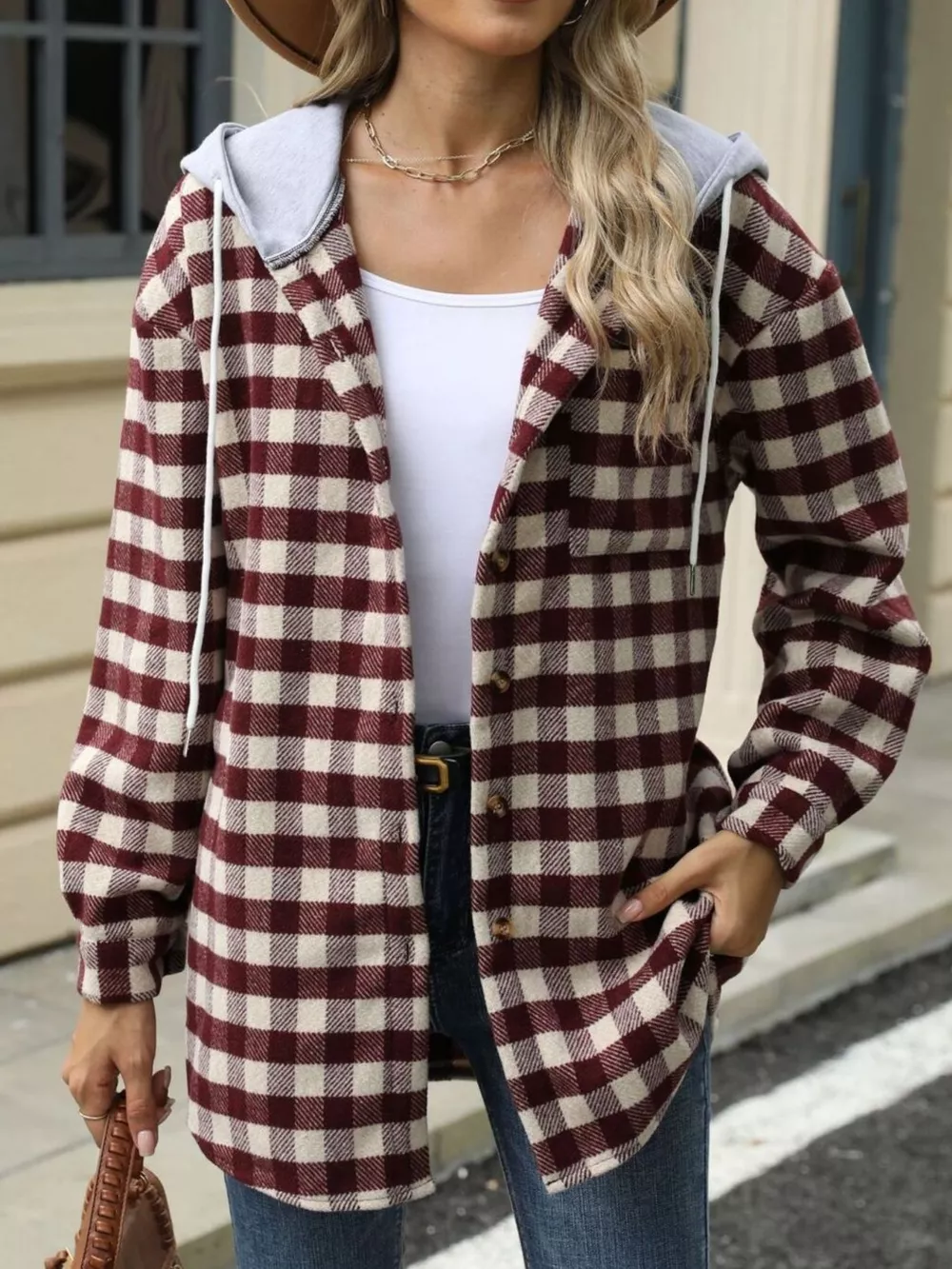 Plaid Button Up Long Sleeve Drawstring Hooded Jacket, image 29