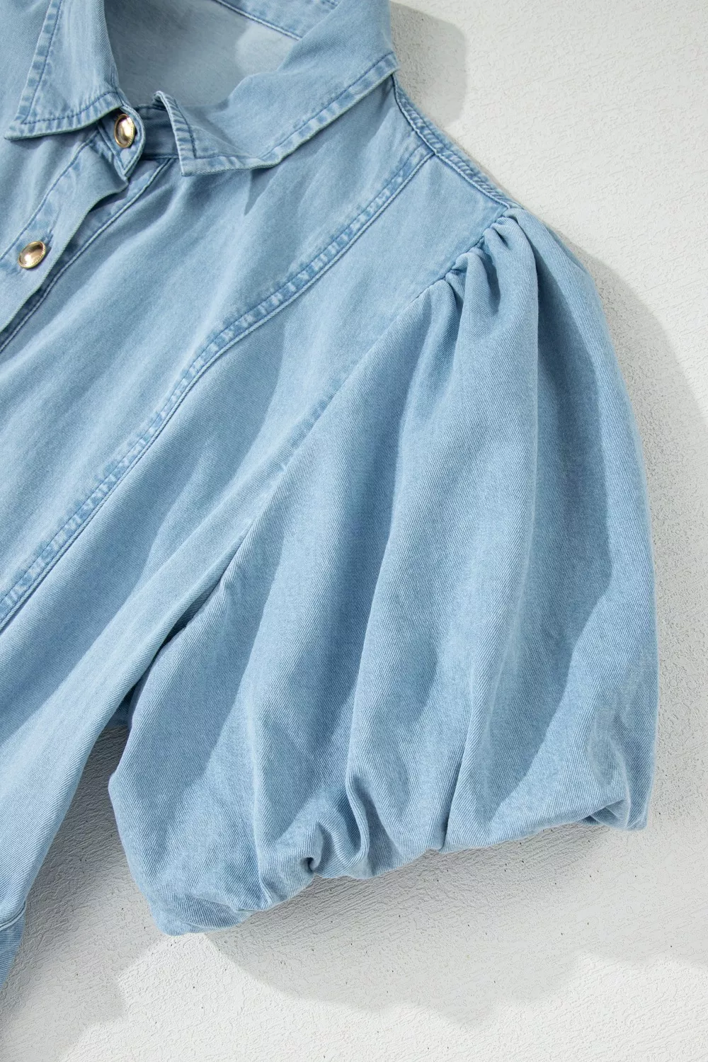 Full Buttons Collared Short Bubble Sleeve Long Denim Dress, image 12