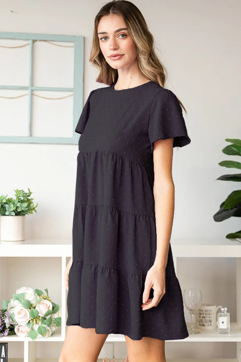 Swiss Dot Short Sleeve Tiered Dress, image 3