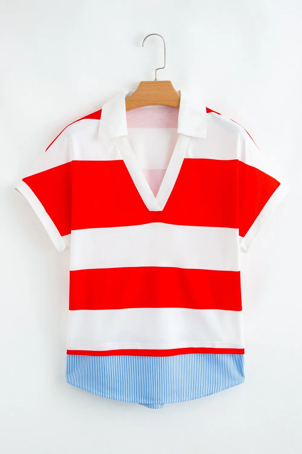 Stripe Collar V Neck Cuffed Dolman Short Sleeve Top, image 2