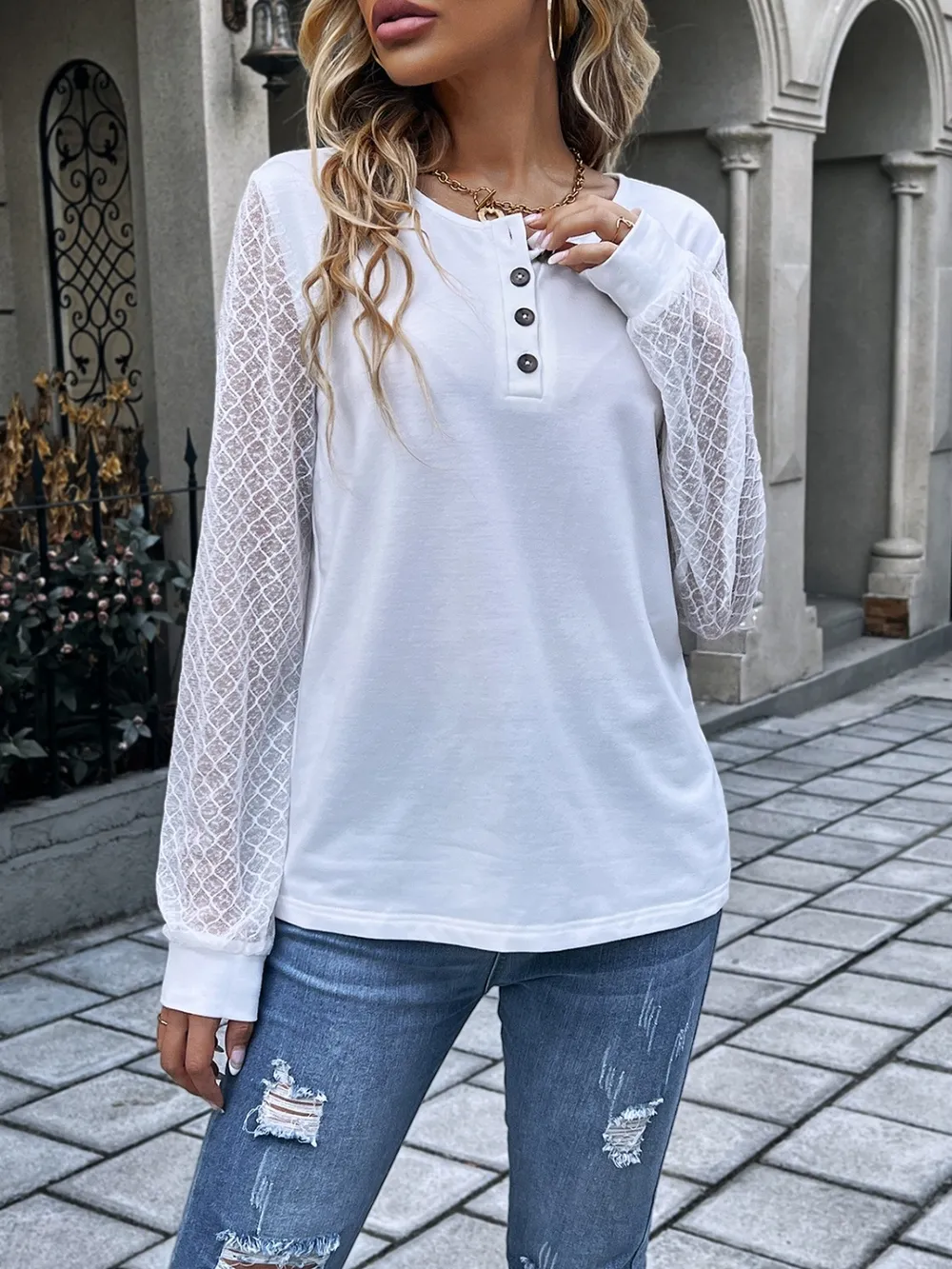 Quarter Button Round Neck Long Sleeve Blouse, image 2
