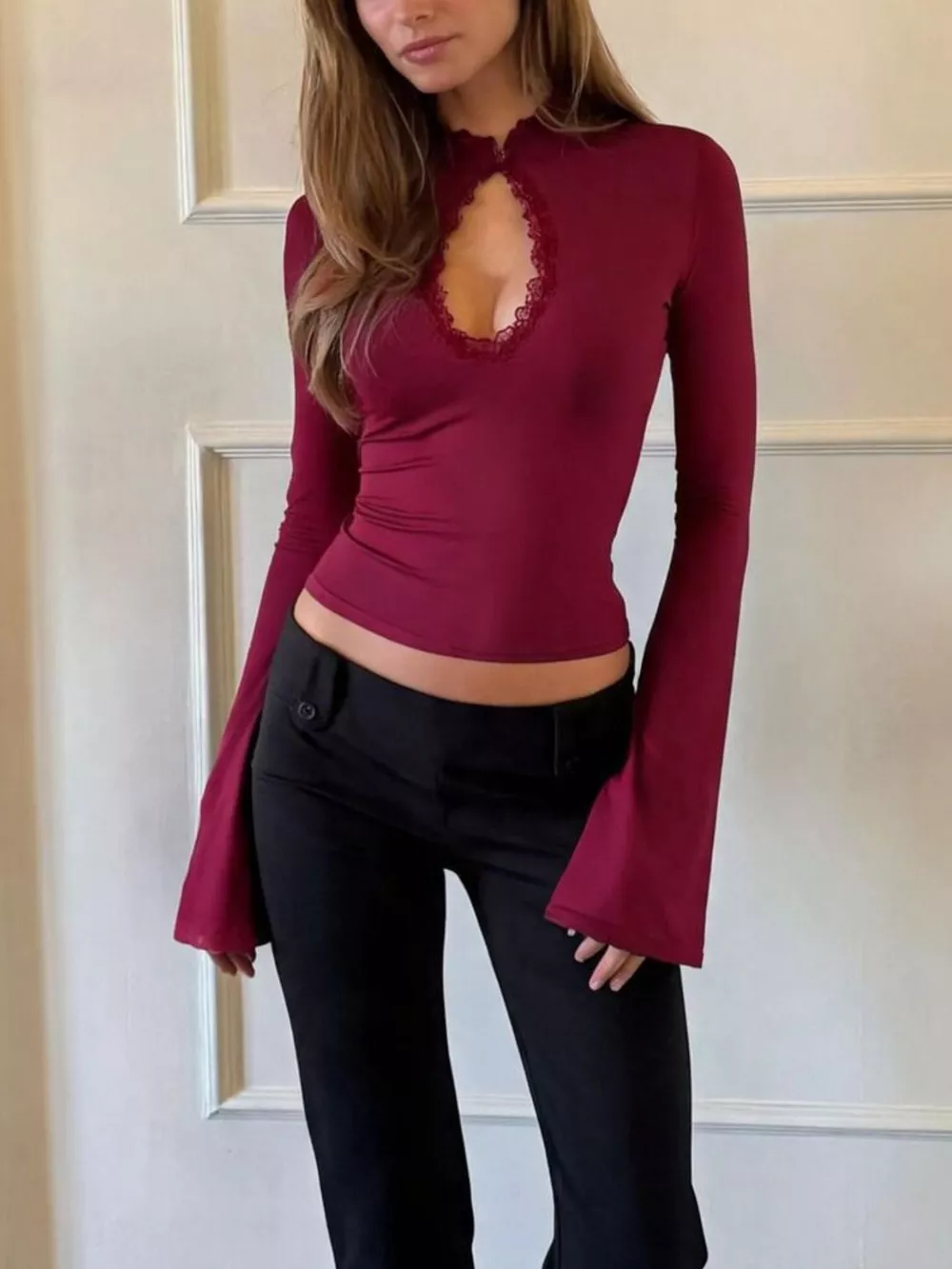 Lace-Trimmed Keyhole Long Sleeve T-Shirt, image 3