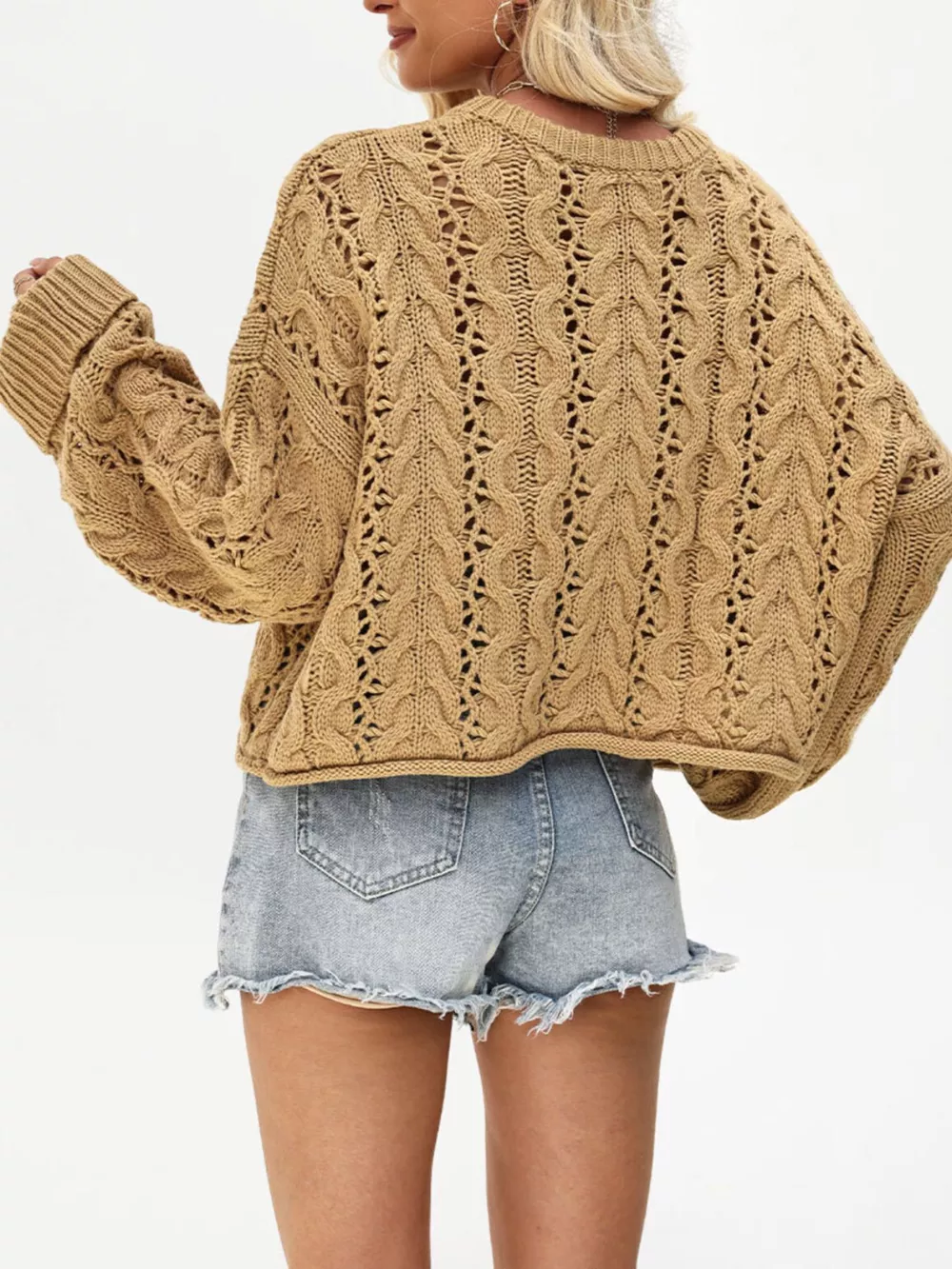 Chic Cable Knit Half-Button Openwork Sweater, image 10