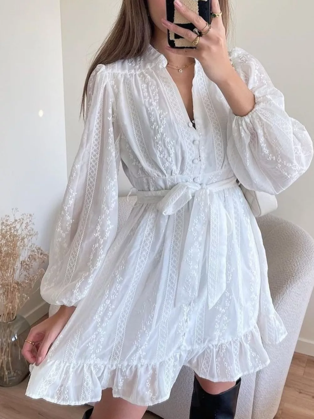 Full Size Ruffled Hem Tie Waist Long Sleeve Dress Plus Size