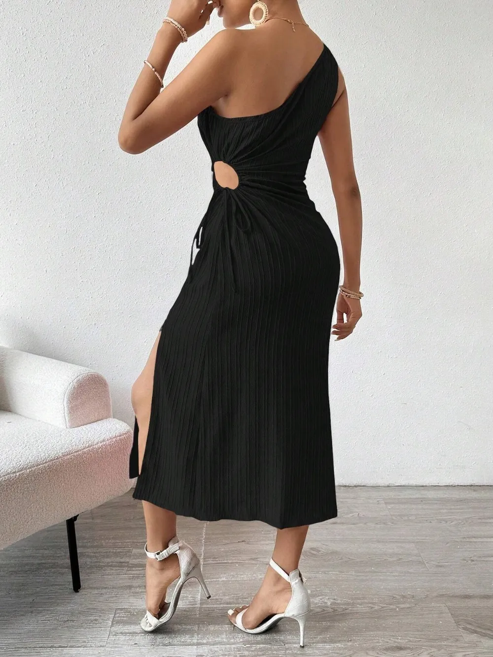 Side Slit Cutout Single Shoulder Dress, image 17