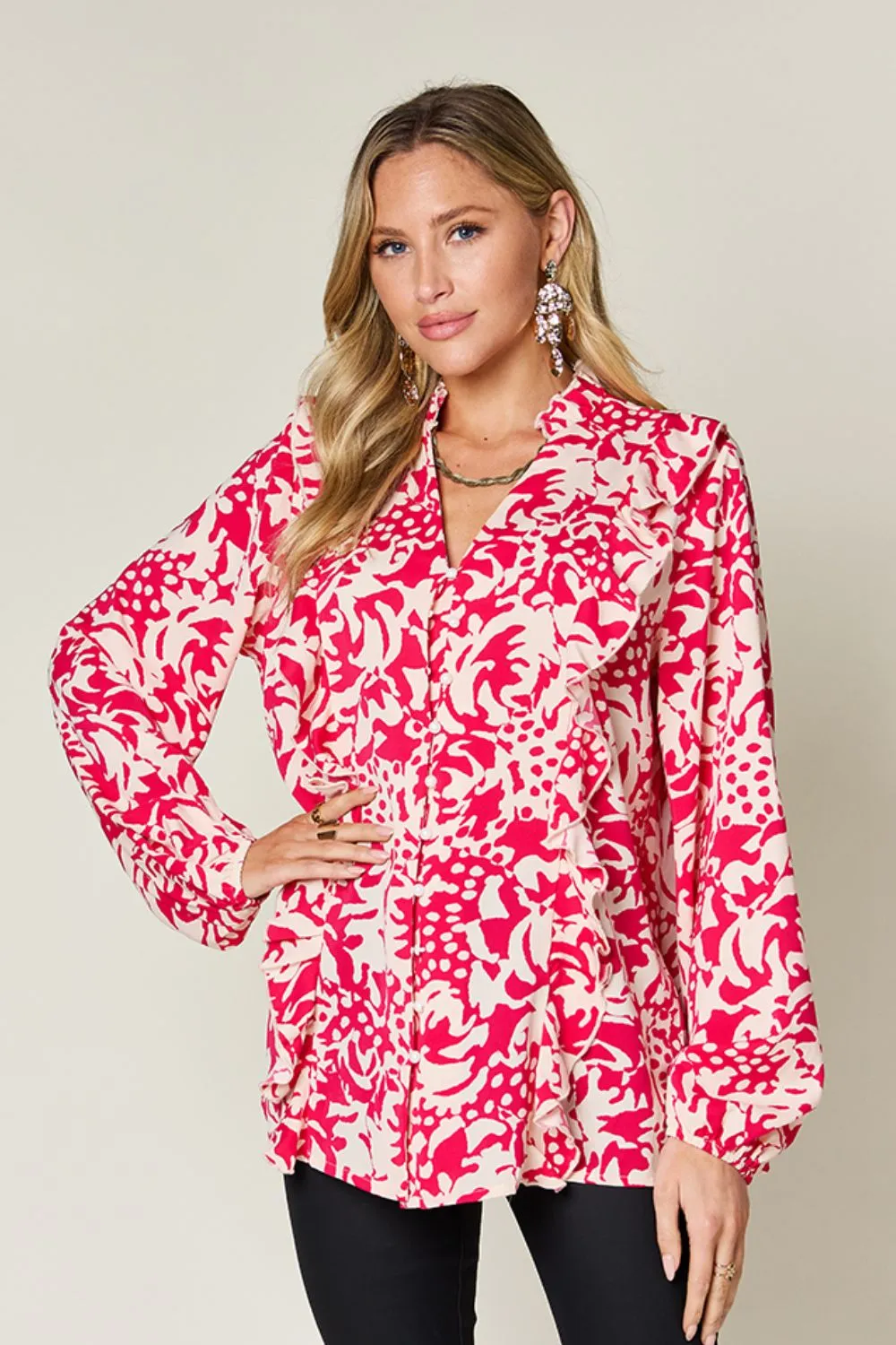 Full Size Printed Ruffle Trim Balloon Sleeve Shirt, image 19