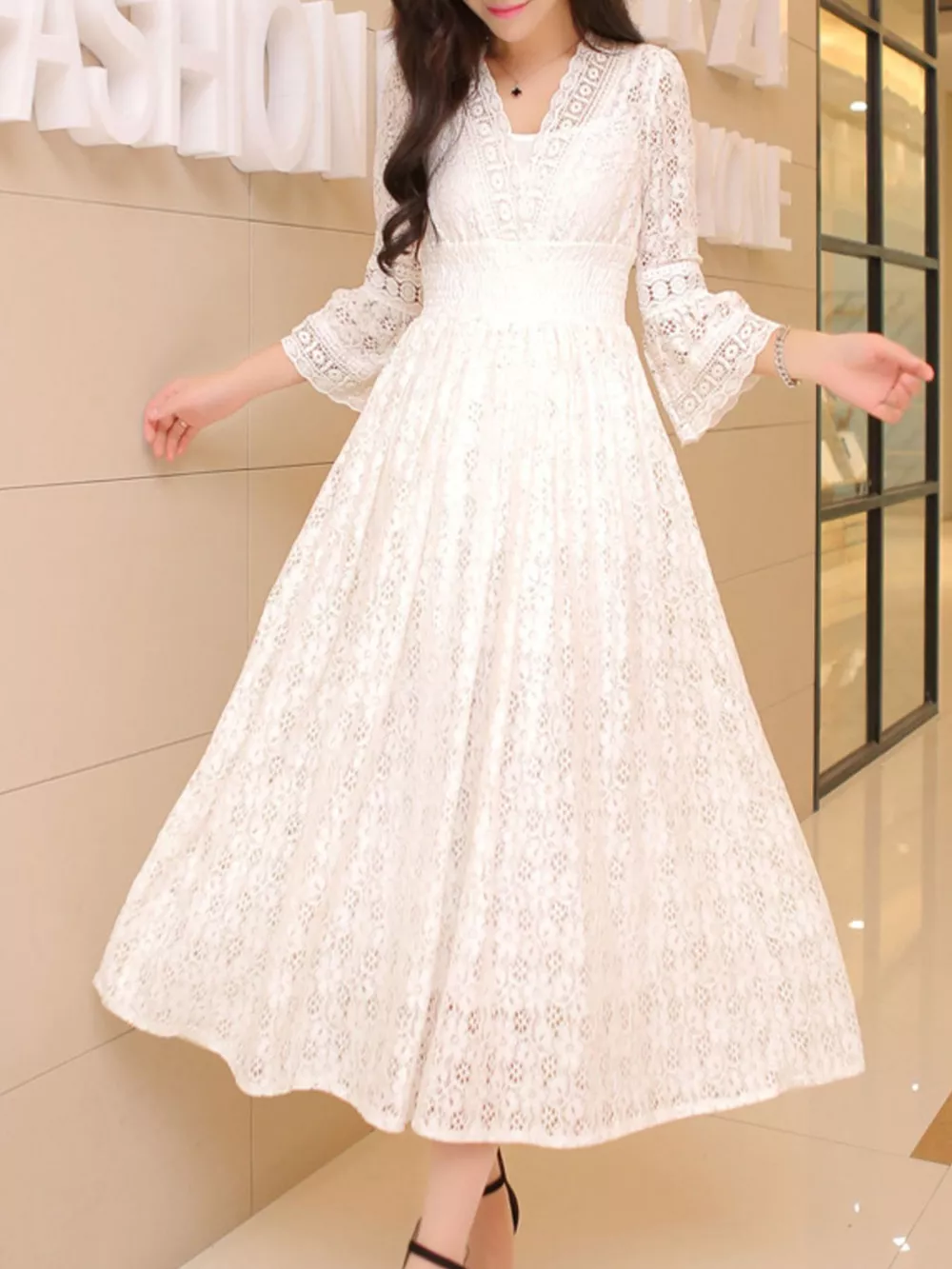 Lace 3/4 Sleeve Midi Dress, image 2