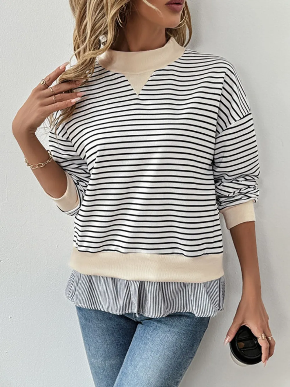 Faux Layered Striped Long Sleeve Sweatshirt, image 3