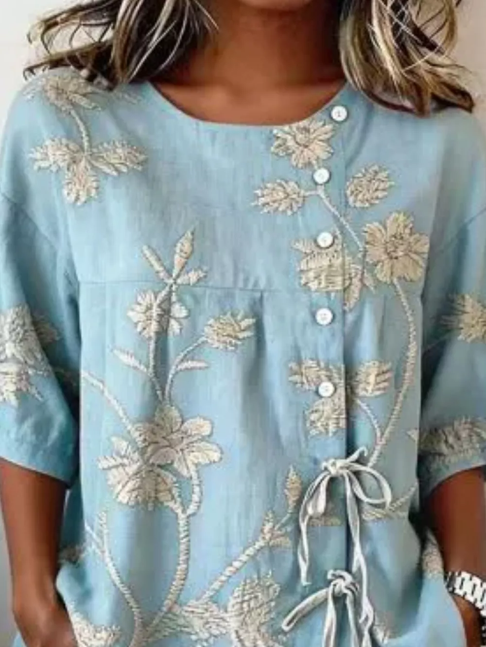 Full Size Embroidered Floral Tie Front Shirt Plus Size, image 5
