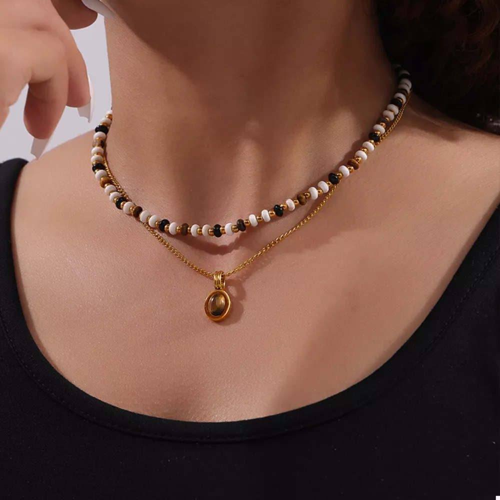 2 Piece Natural Stone and Gold Chain Necklace with Pendant