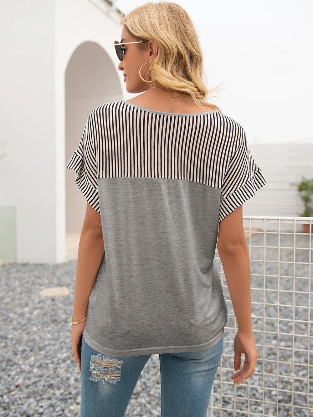 Striped V-Neck Short Sleeve T-Shirt, image 8