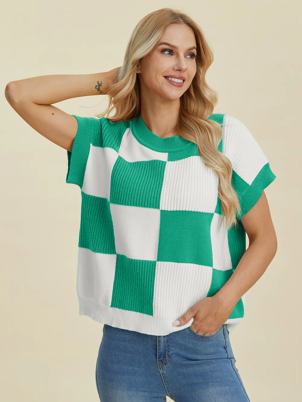 Full Size Checkered Round Neck Short Sleeve Sweater, image 9