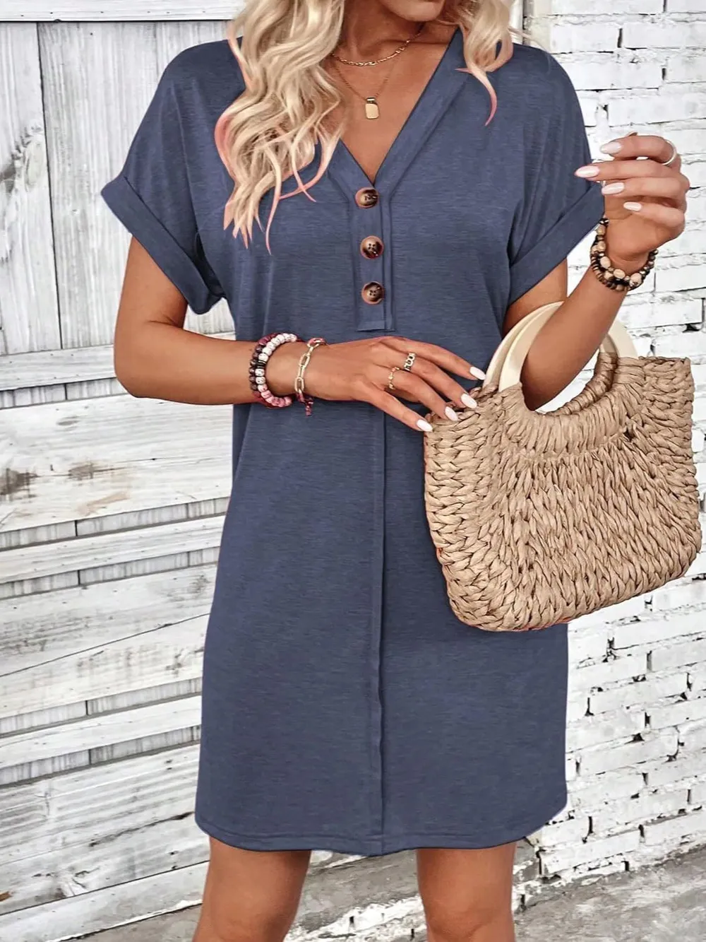 Quarter Button V-Neck Short Sleeve Dress, image 6
