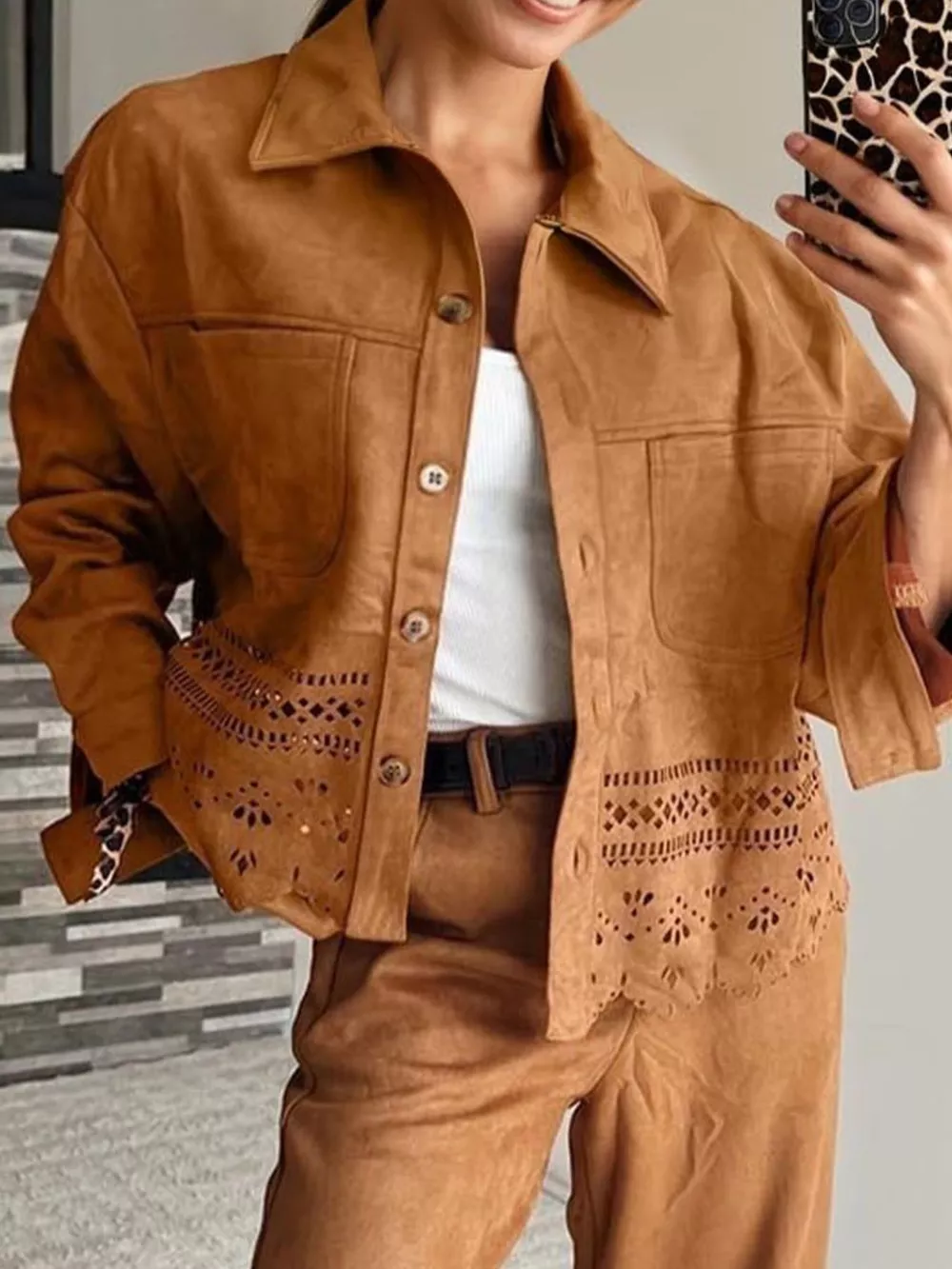 Solid Color Faux Suede Hollowed Detail Retro Style Jacket, image 2