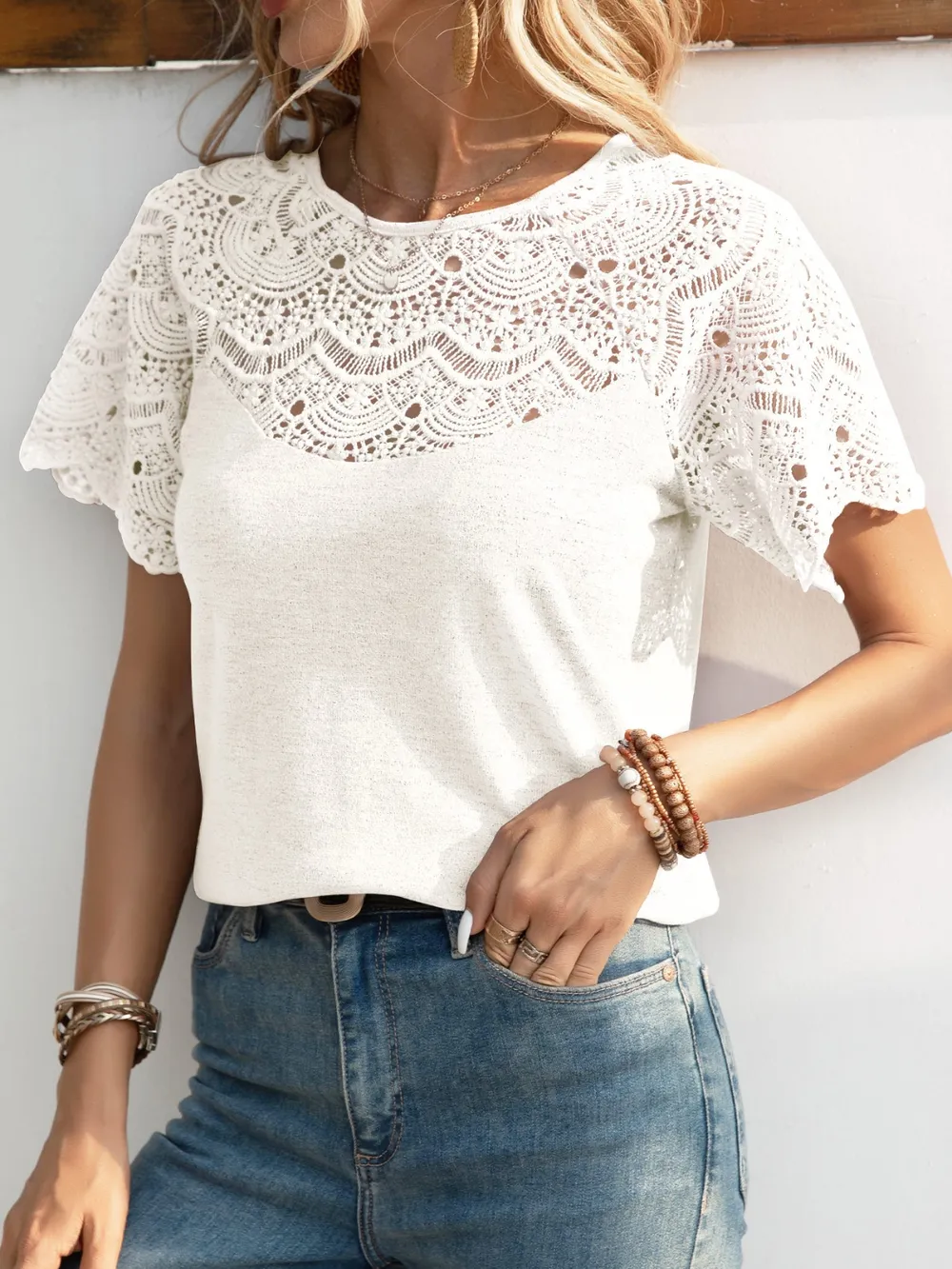 Round Neck Short Sleeve Crochet Top, image 6