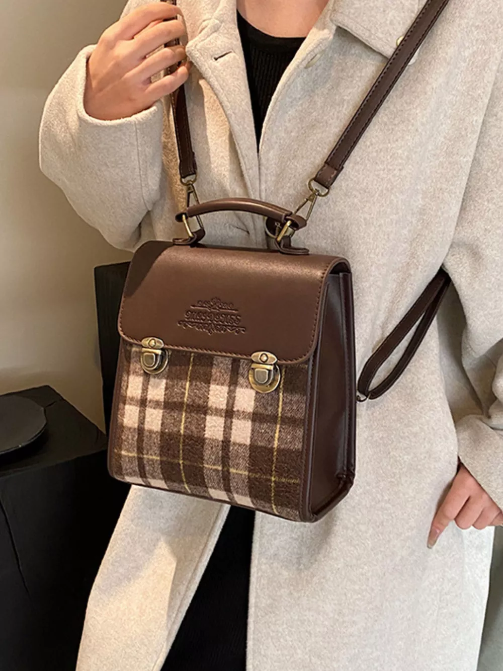 Vintage Plaid Flap Backpack Bag, image 6