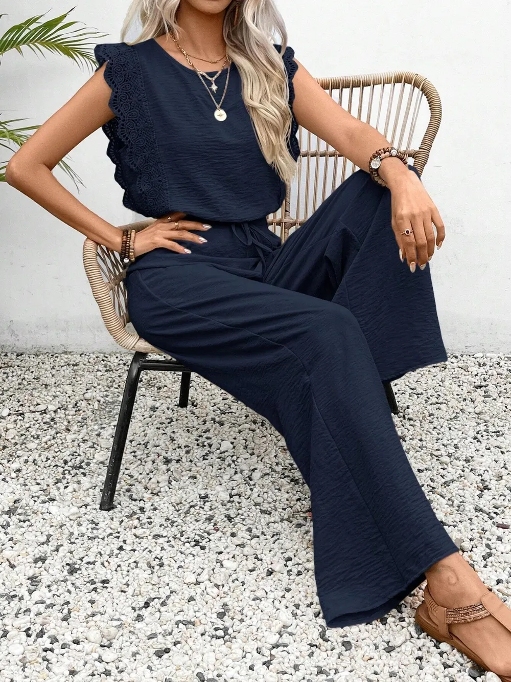 Lace Trim Round Neck Top and Pants Set, image 7