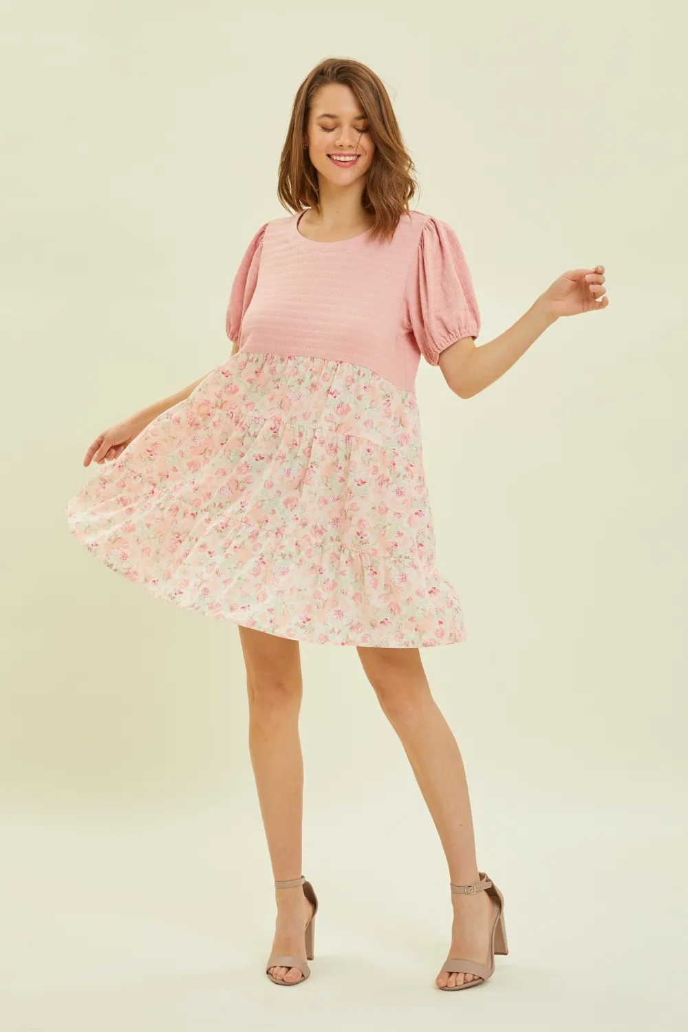 Full Size Round Neck Floral Ruffle Hem Mini Dress, image 2