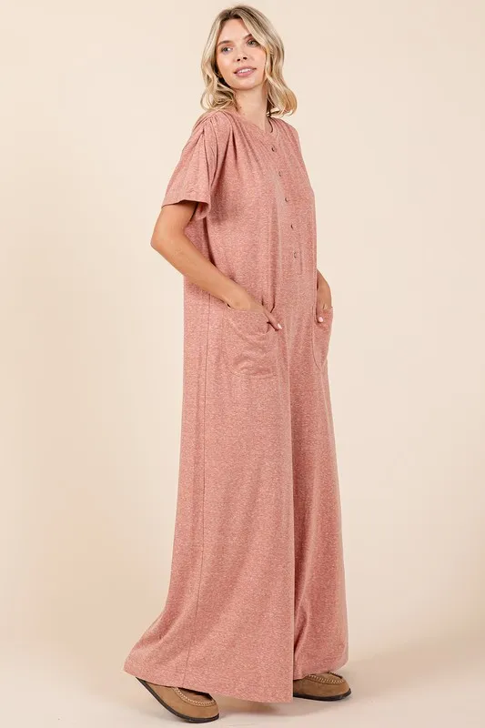 Button Detail Short Sleeve Wide Leg Jumpsuit, image 4