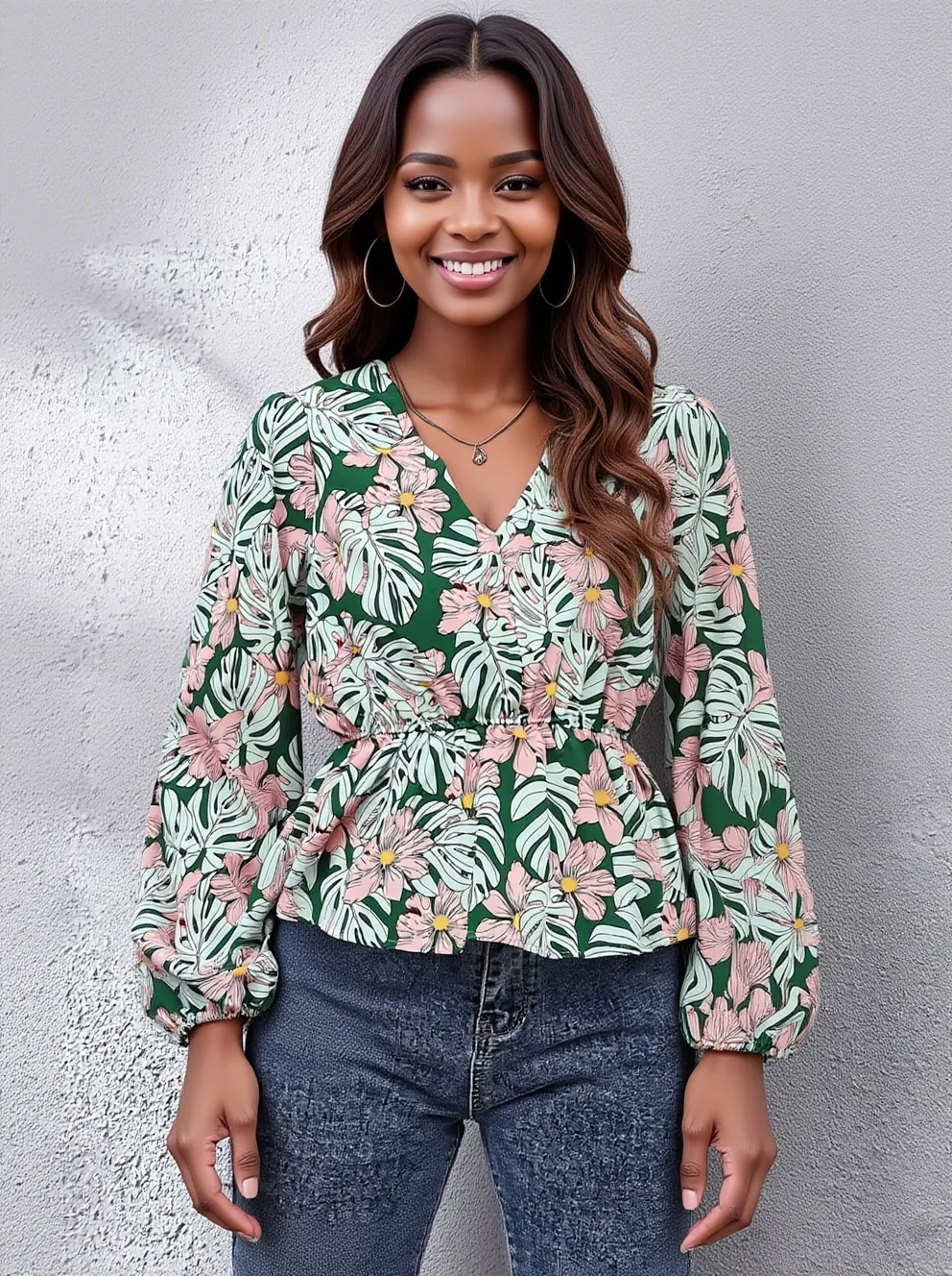 Floral V-Neck Balloon Sleeve Blouse, image 4