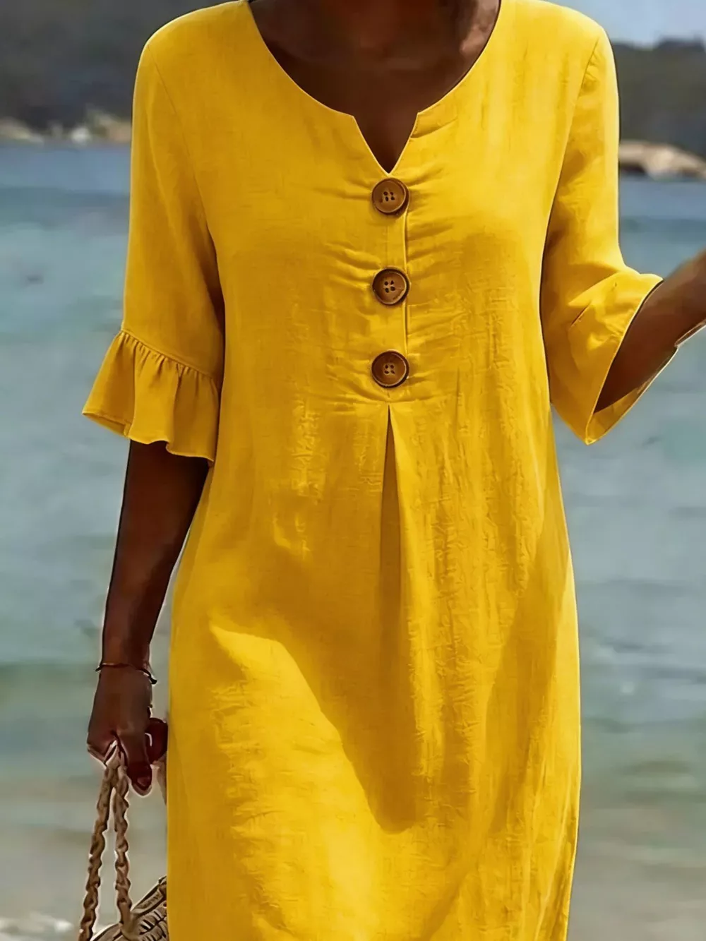 Full Size Button Decor Flounce Sleeve Dress Plus Size, image 13