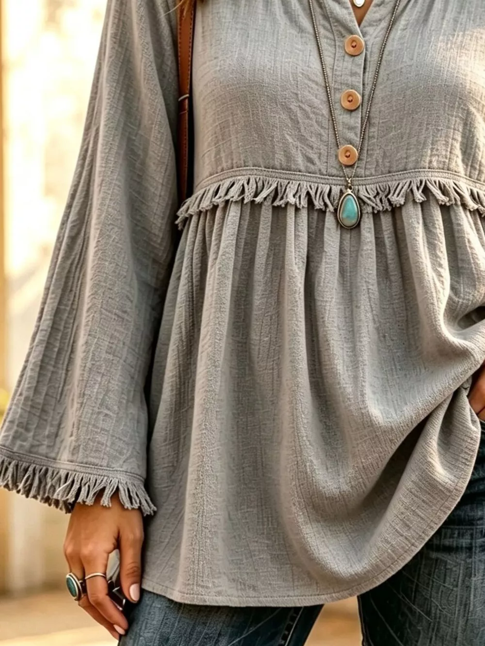 Button-Down Detail Fringed Hem Blouse, image 9