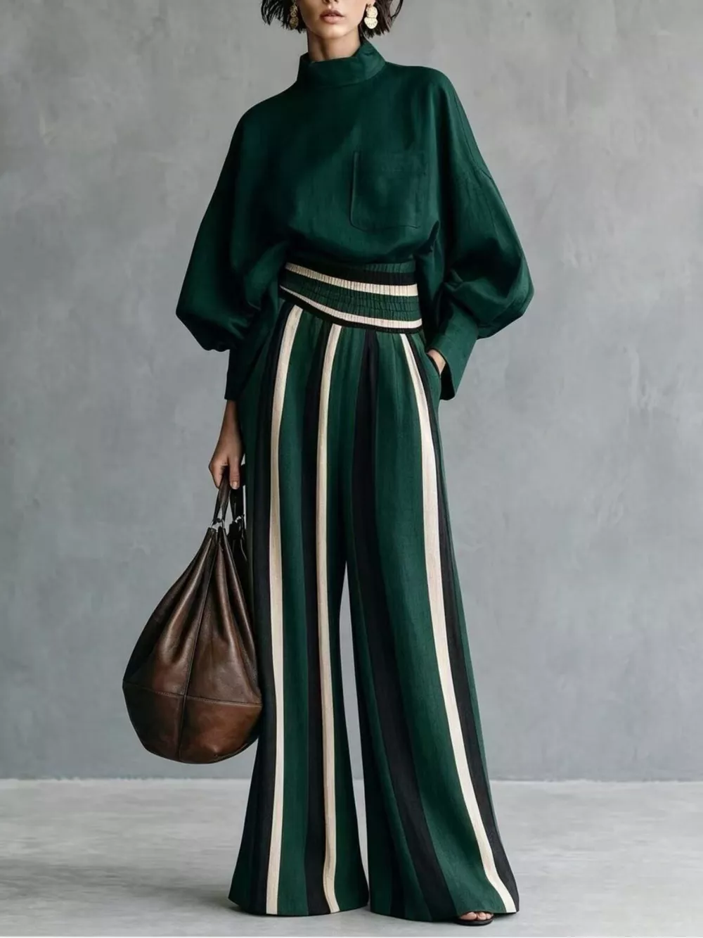 Full Size Mock Neck Top and Striped Wide-Leg Pants Set Plus Size, image 10