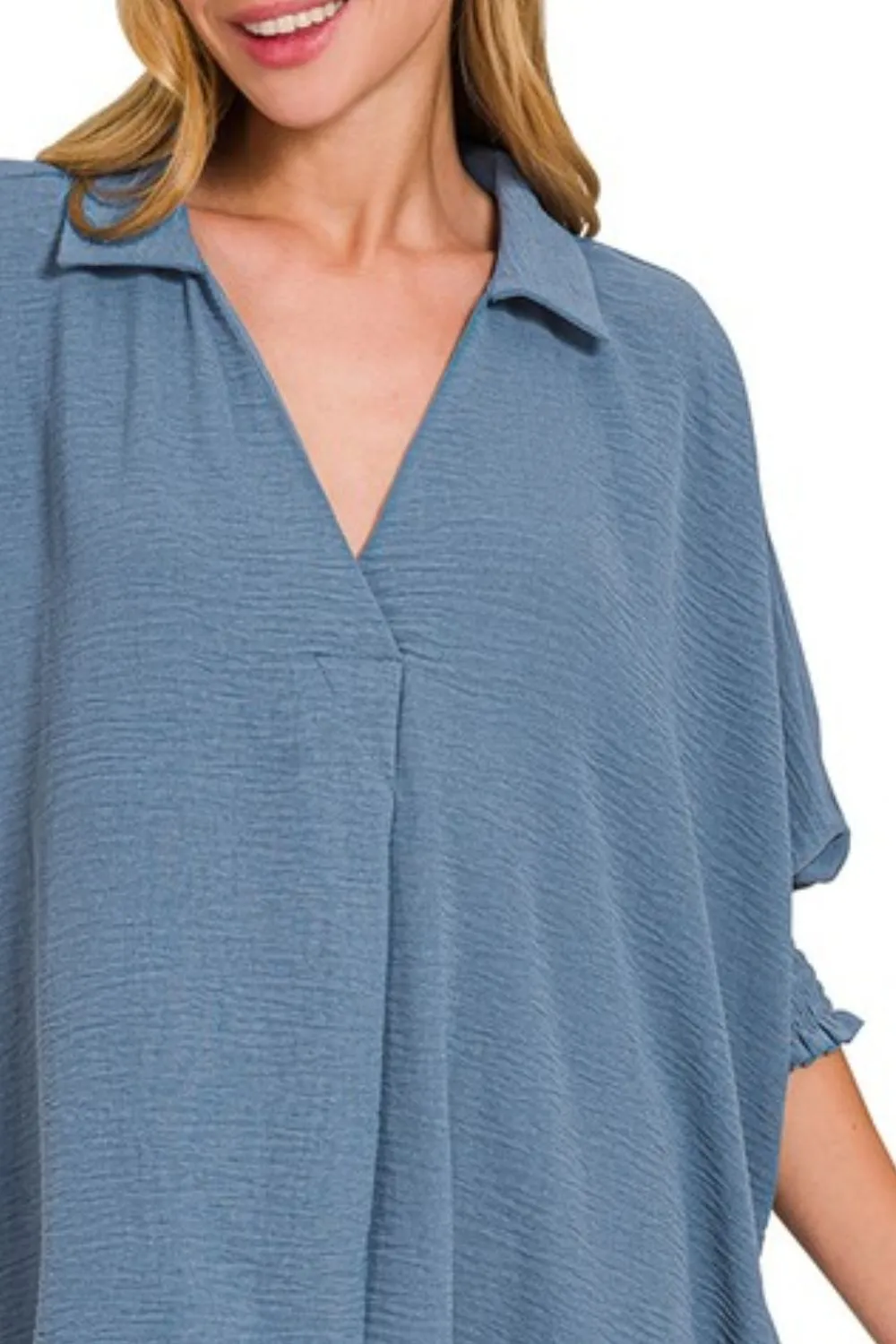 Airflow Collar Tee with Smocked Sleeve Band Top, image 2