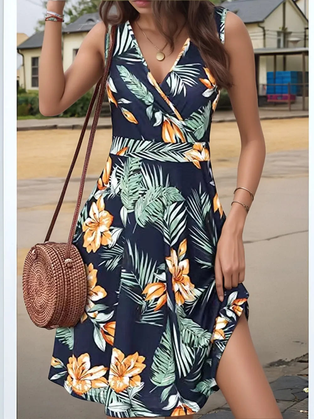 Printed Surplice Sleeveless Dress