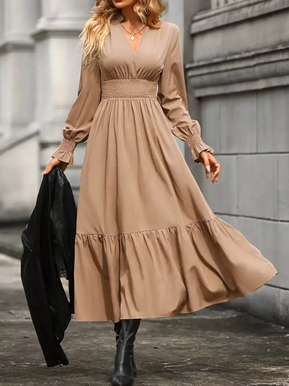 Surplice Long Sleeve Tiered Midi Dress, image 7