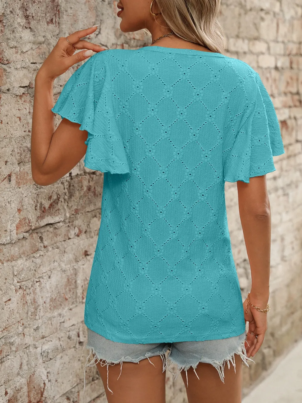 Eyelet Round Neck Flutter Sleeve Top, image 3